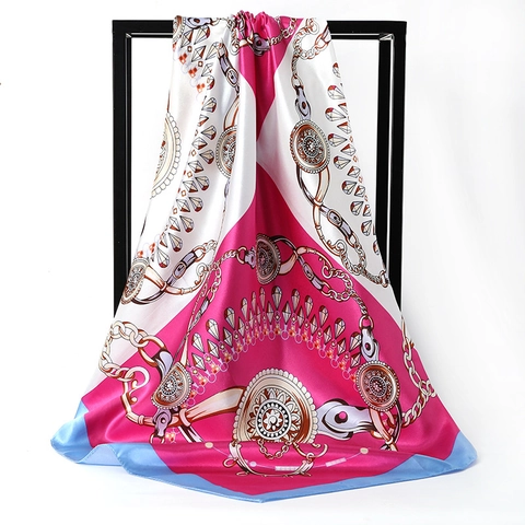 Foulard Carré en Satin Vintage pour Femmes Imprimé Floral Paisley Cheval Chaîne Grand Enveloppement Cou Tête Sensation Soie Accessoire Cheveux