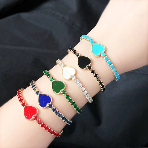 Bracciale Tennis Cuore Placcato Oro Rame Zirconi Ciondolo Cuore Gioielli Di Moda Eleganti Per Donna