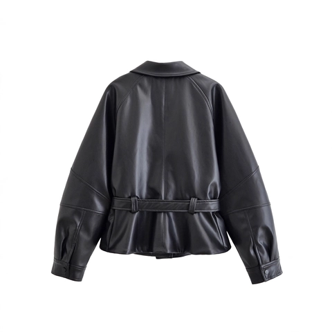 Giacca In Ecopelle Da Donna PU Giubbotto Corto Risvolto Cintura In Vita Manica Lunga Streetwear Nero Autunno