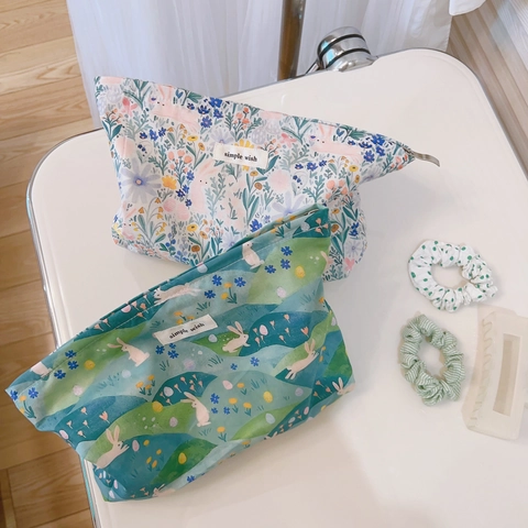 Grande Borsa Per Trucco In Tela Di Cotone Floreale Organizzatore Da Viaggio Portatile Pochette Con Cerniera Stile Pastorale