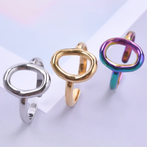 Geometric Hollow Oval Ring Stainless Steel Rainbow Gold Silver Open Adjustable Polished Retro Minimalist Jewelry For Women Men