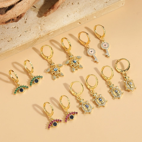 Orecchini Pendenti Vintage in Rame e Zirconia Tartaruga Malocchio per Donna Placcati in Oro Bohemien Animale Chiave Gioielli