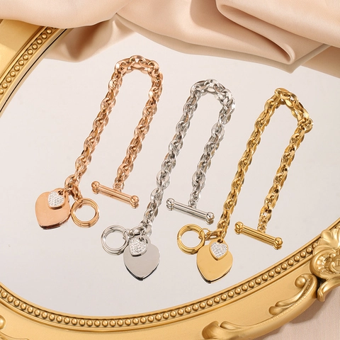 Bracelet À Pendentif Coeur En Acier Inoxydable Avec Doubles Coeurs En Strass Fermoir À Bascule OT Chaîne À Maillons Épais