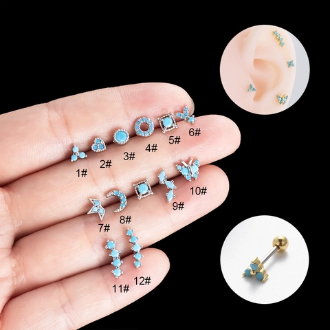 Edelstahl Knorpel Piercing Ohrringe Synthetischer Türkis Zirkon Inlay Schmetterling Krone Schraubverschluss Stecker Damen