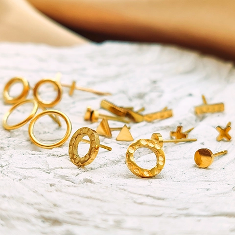 Stainless Steel Geometric Stud Earrings For Women Gold Plated Minimalist Heart Round Triangle Square Bar Shape Fashion Jewelry