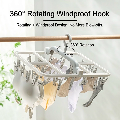 Laundry Drying Rack Multi Clip Plastic Foldable Hanger Rotating Windproof Hook For Socks Underwear Scarves Ties