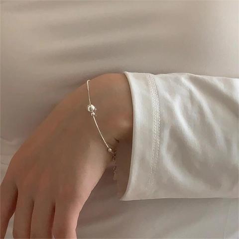 Bracciale In Argento Sterling 925 Minimalista Perline Tonde Lucide Catena Serpente Regolabile Per Donna Gioielli Alla Moda