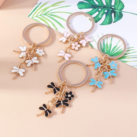 Dragonfly Flower Keychain Alloy Enamel Gold Plated Bag Pendant Jewelry For Women Girls Cute Cartoon Styling