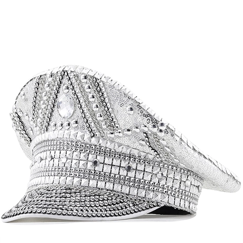 Cappello Da Capitano Con Paillettes Argentate Luccicanti Con Strass E Borchie Per Spettacoli Di Feste Di Festival Berretto Militare Di Lusso
