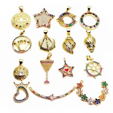 Copper Zircon Pendants Colorful Micro Pave Star Evil Eye Shell Charms For DIY Jewelry Making Necklaces Accessories