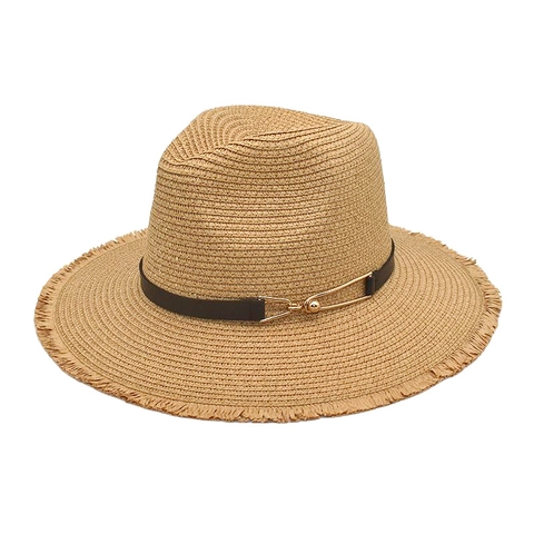 Cappello Fedora Di Paglia Estivo Con Bordo Sfilacciato E Fascia Decorativa Con Fibbia In Metallo Protezione Solare Unisex
