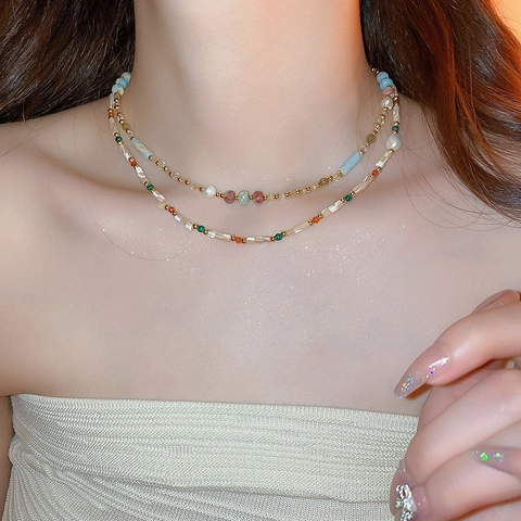 Vintage Colorful Natural Stone Beaded Necklace Zinc Alloy Freshwater Pearl Crystal For Women Bohemian Clavicle Chain