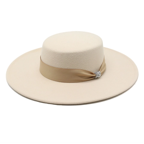Retro Boater Hat For Women Cotton Polyester Felt Wide Brim Flat Top Elegant Vintage With Satin Ribbon Rhinestone Buckle