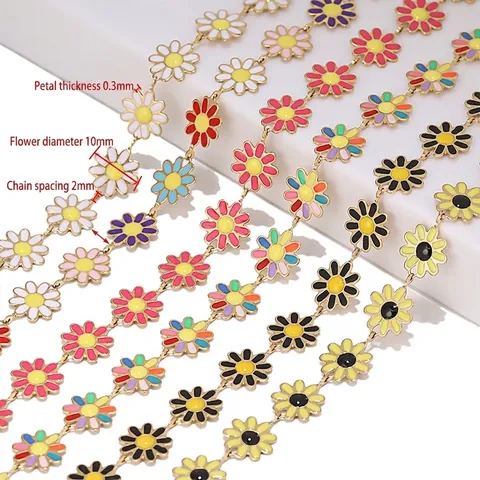 Daisy Flower Link Chain Stainless Steel Enamel Oil Dripping Colorful Finding For Bracelet Necklace Making Accessories