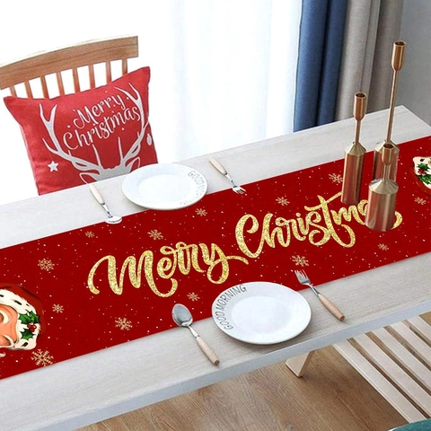 Camino De Mesa Navidad Poliéster Cabeza Papá Noel Rojo Brillo Estampado Merry Christmas Copo De Nieve Decoración Cena Fiesta
