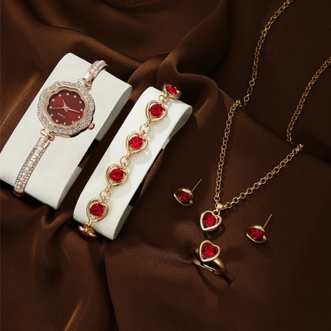 Luxury Alloy Quartz Watch With Heart Rhinestone Necklace Bracelet Ring Earrings Women Fashion Elegant Jewelry Accessory