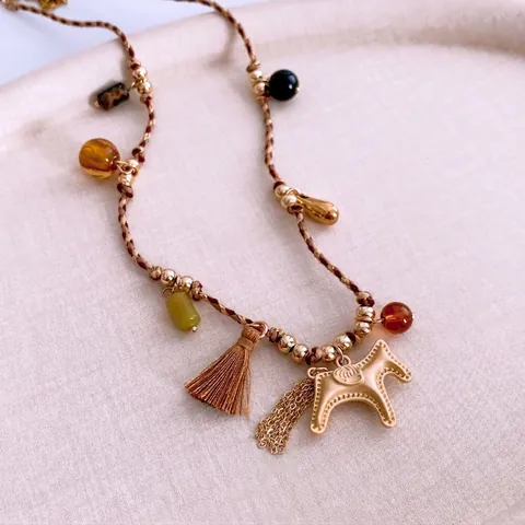 Ethnic Horse Pendant Necklace Woven Rope Clavicle Chain With Alloy Pony Charm Resin Beads Tassel Bohemian Jewelry For Women