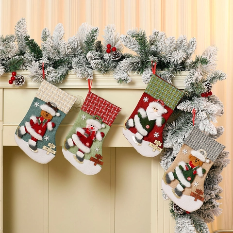 Large Christmas Stocking Polyester Flannel 3D Santa Snowman Reindeer Applique Xmas Tree Hanging Ornament Gift Bag Party Home Decor