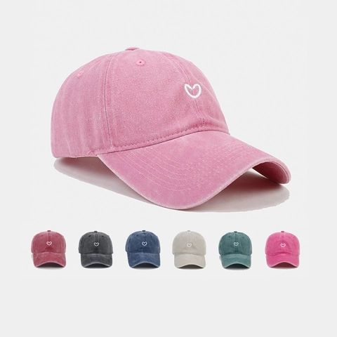 Washed Cotton Baseball Cap Heart Embroidery Vintage Soft Top Adjustable Sun Hat Outdoor For Men And Women