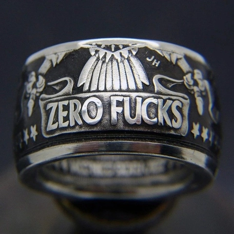 Zero Fucks Letter Engraved Alloy Ring Wide Band Retro Punk Rock Biker Jewelry Unisex Antique Silver Color Relief