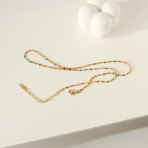 Boheems Titanium Staal Regenboog Emaille Halsketting Voor Dames 18K Verguld Fijne Ketting Veelkleurige Kralen Choker Sieraden