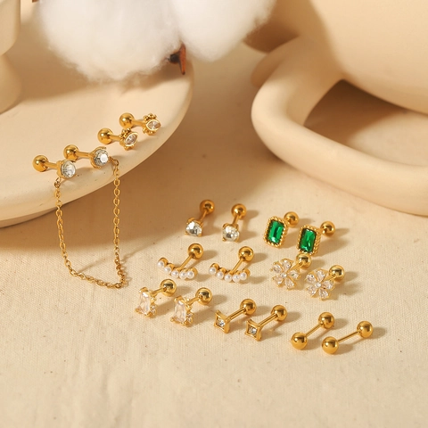 Edelstahl Stecker Ohrringe Für Damen 18K Vergoldet Zirkon Künstliche Perle Rechteckig Blume Piercing Schraubverschluss Schmuck