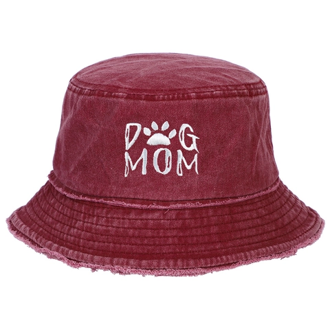Washed Cotton Bucket Hat Embroidered Dog Mom Dad Distressed Frayed Edge Sun Protection Outdoor Fisherman Cap Retro