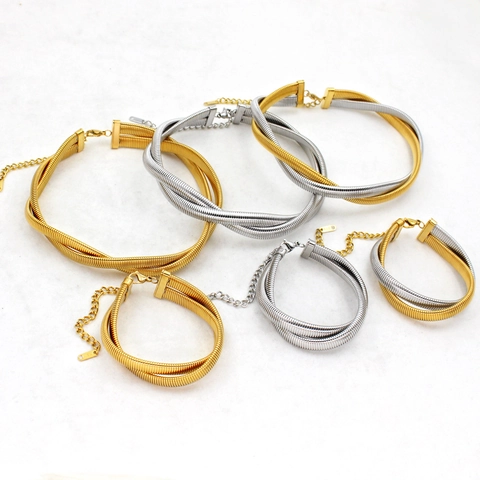Collier Et Bracelet En Acier Inoxydable Pour Femmes Chaîne Serpent Torsadée Bicolore Or Argent Ajustable Mode Tendance