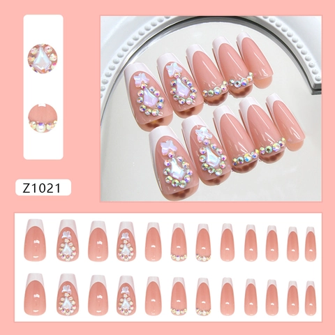 Französisch Tip Press On Nägel Weiß Nude Pink Coffin Ballerina Form Strass 3D Schleife ABS Kunststoff Für Frauen