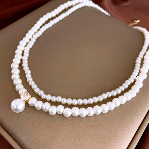 Layered Imitation Artificial Pearl Necklace Copper Gold Plated Zircon Pendant Clavicle Chain For Women Elegant Jewelry