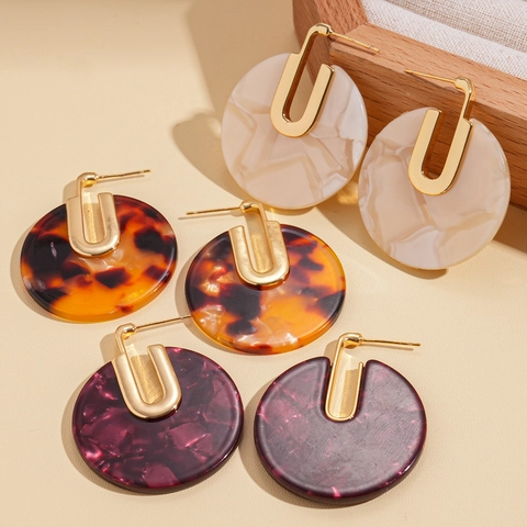 Round Acetate Drop Earrings With 925 Sterling Silver Earring Post 18K Gold Plated Geometric Retro Jewelry For Women