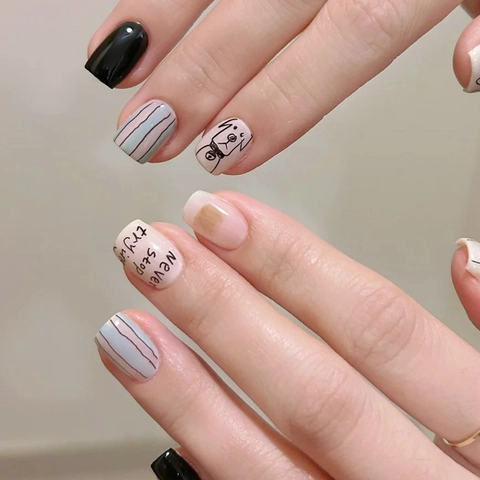 Press On Nails Short Cute Cartoon Dog Pattern Never Stop Trying Lettering Square Round Artificial Fake Nail Tips