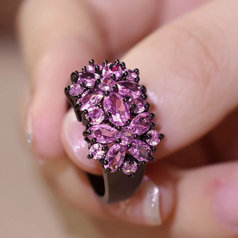 Flower Cluster Ring Copper Cubic Zirconia Marquise Cut Black Gold Plated Elegant Jewelry For Women