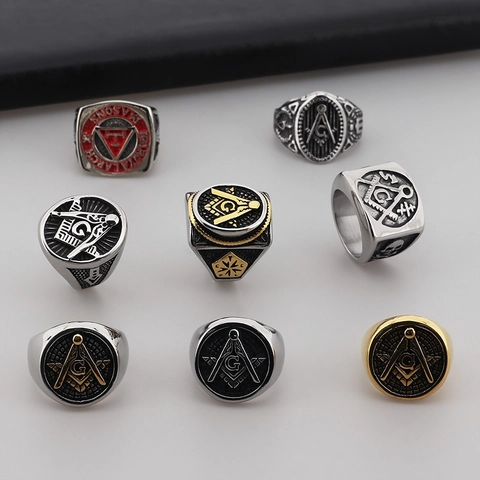 Men's Ring 316L Stainless Steel Masonic Square Compasses Symbol G Retro Punk Biker Signet Jewelry