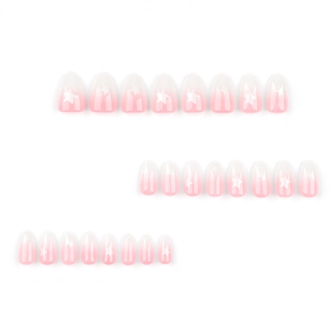 Press On Nails Pink White Ombre Gradient Star Pattern Almond Shape Glossy Artificial False Nail Tips