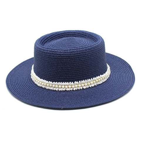 Cappello Boater Da Donna In Paglia Con Nastro In Pizzo Di Künstliche Perle Protezione Solare Spiaggia Estate