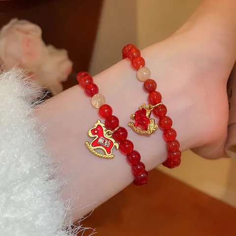 Rote Achat Perlenarmband Mit Goldenem Schaukelpferd Anhänger Emaille Tier Schmuck Elegant Retro Für Damen