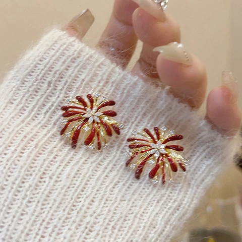 Fireworks Stud Earrings With 925 Sterling Silver Earring Post Red Enamel Zircon Vintage Elegant Festive Jewelry Women
