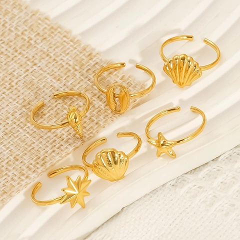 Ocean Shell Starfish Conch 18K Gold Plated 304 Stainless Steel Adjustable Open Rings For Women Waterproof Hypoallergenic