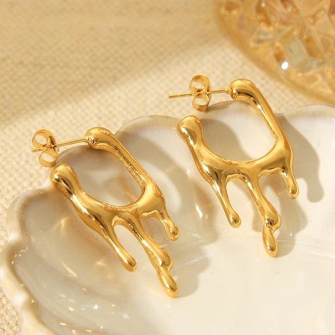Pendientes Forma Fluida Lava Fundida Chapado Oro 18K Acero Inoxidable Metal Líquido Moderno Minimalista Para Mujer