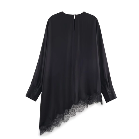 Damen Schwarz Langarm Satin Bluse Eleganter Rundhalsausschnitt Top Mit Asymmetrischem Spitzensaum Eyelash Spitze T-Shirt