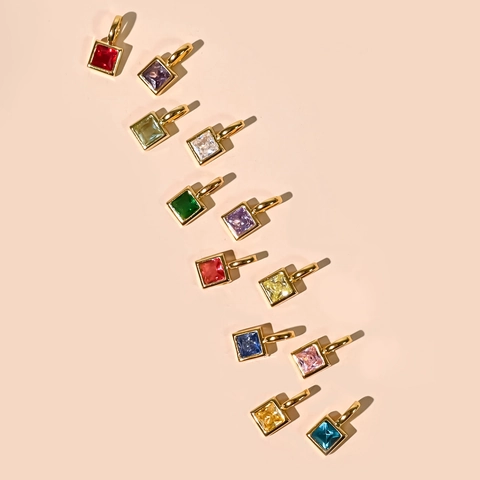 Birthstone Pendant Necklace Square Colorful Zircon 18K Gold Plated Copper Geometric Fashion Jewelry For Women