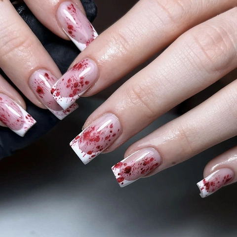 Halloween Press On Nails French Tip Square Fake Nails White With Red Blood Splatter Pattern For Cosplay Party