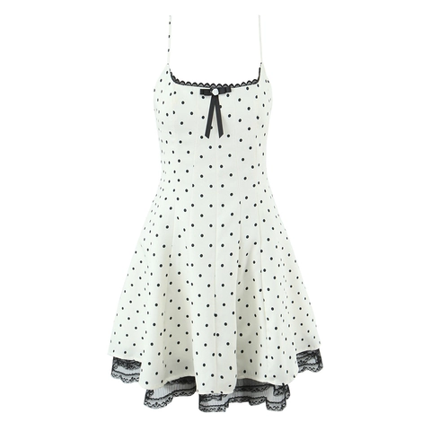Damen Polka Dot Mini Kleid Spitze Patchwork Spaghettiträger Schleife Französisch Retro Süß Ärmellos Urlaub