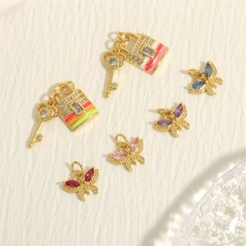 Butterfly And Lock Key Pendants 18K Gold Plated Copper Colorful Zircon Enamel DIY Jewelry Making Charms