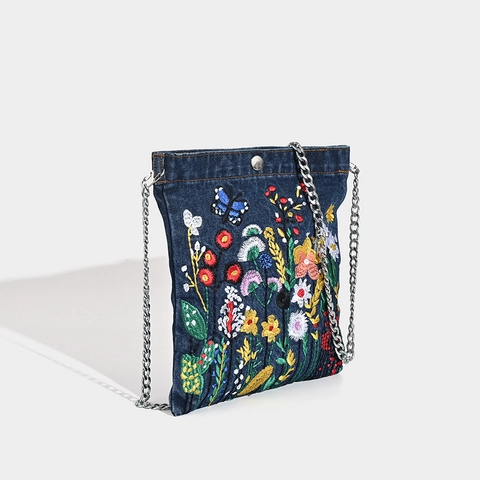 Sac À Épaule En Denim Brodé Motifs Fleurs Papillon Chaîne En Métal Argenté Streetwear Sac À Main Décontracté Pour Femmes
