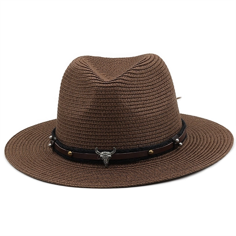Cappello Fedora Di Paglia Cowboy Western A Tesa Larga Per Protezione Solare Fascia Cuoio Teschio Toro Vintage Stile Boho