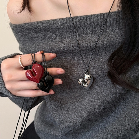 3D Heart Pendant Necklace Alloy Acrylic Liquid Metal Style Adjustable Black Rope Cord Minimalist Sweater Chain Women
