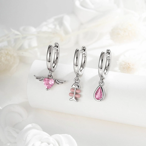 Orecchini A Cerchio Pendenti Cuore Ali Lisca Di Pesce Goccia Donna Colore Argento Rame Zircone Rosa Gioielli Piercing