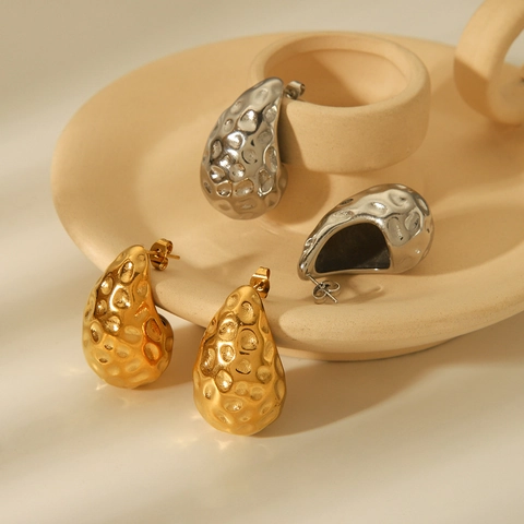 Hammered Teardrop Earrings Stainless Steel 18K Gold Plated Water Drop Textured Lava Style Vintage Jewelry For Women